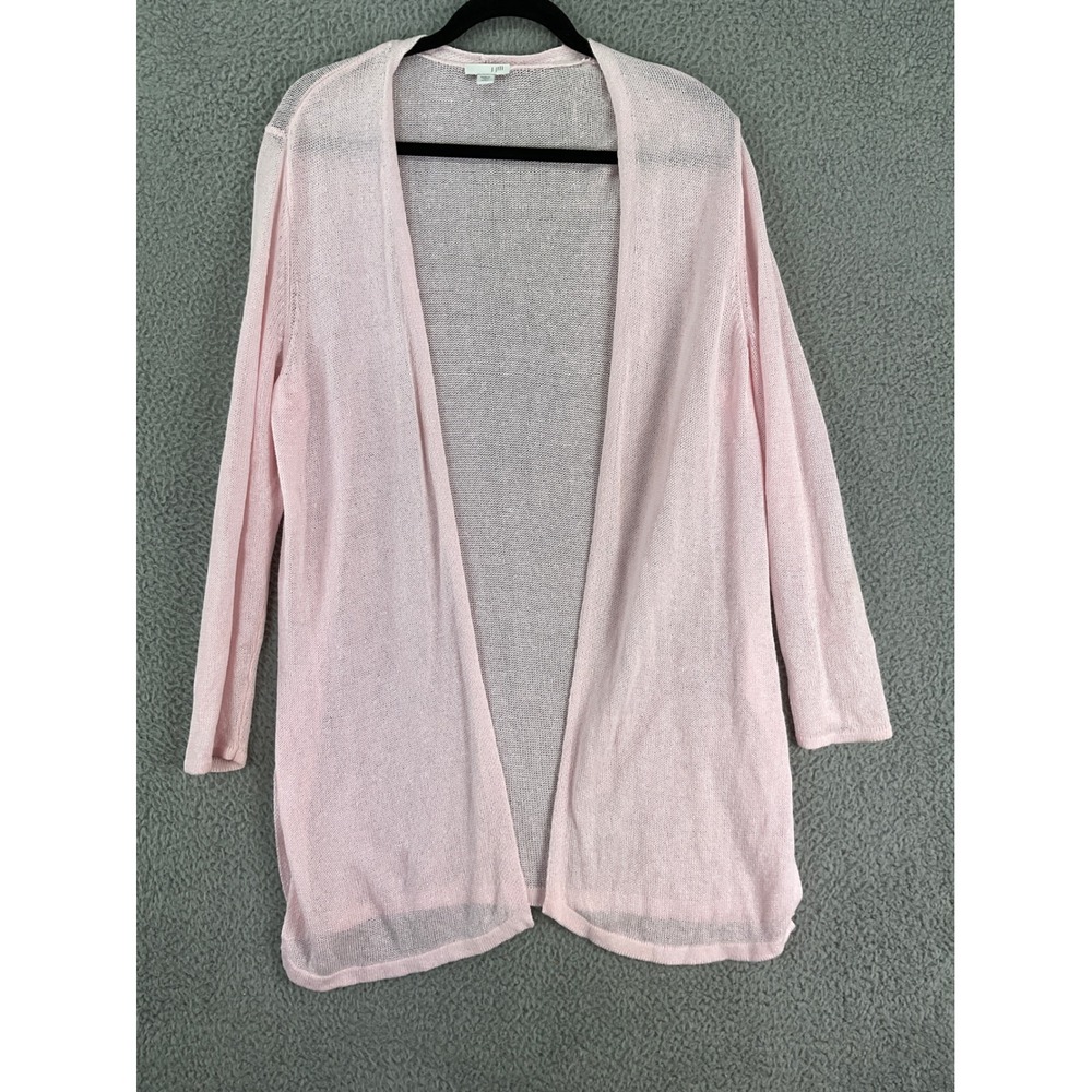 J. Jill Cardigan Women L Petite Pink Linen Blend Open Front Longline Side Slit